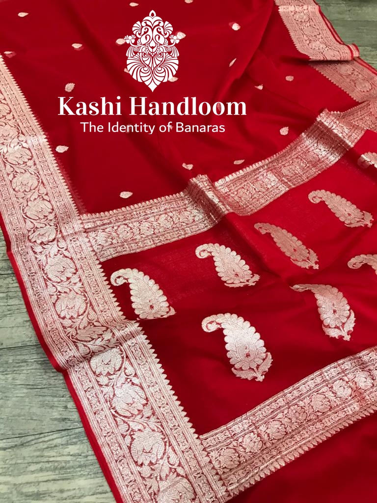 Banaras Handloom Khaddi Georgette Saree Silver Zari