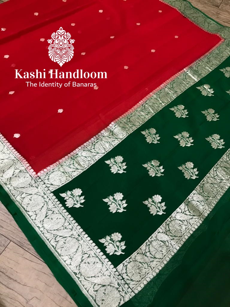 Banaras Handloom Khaddi Georgette Saree Silver Zari