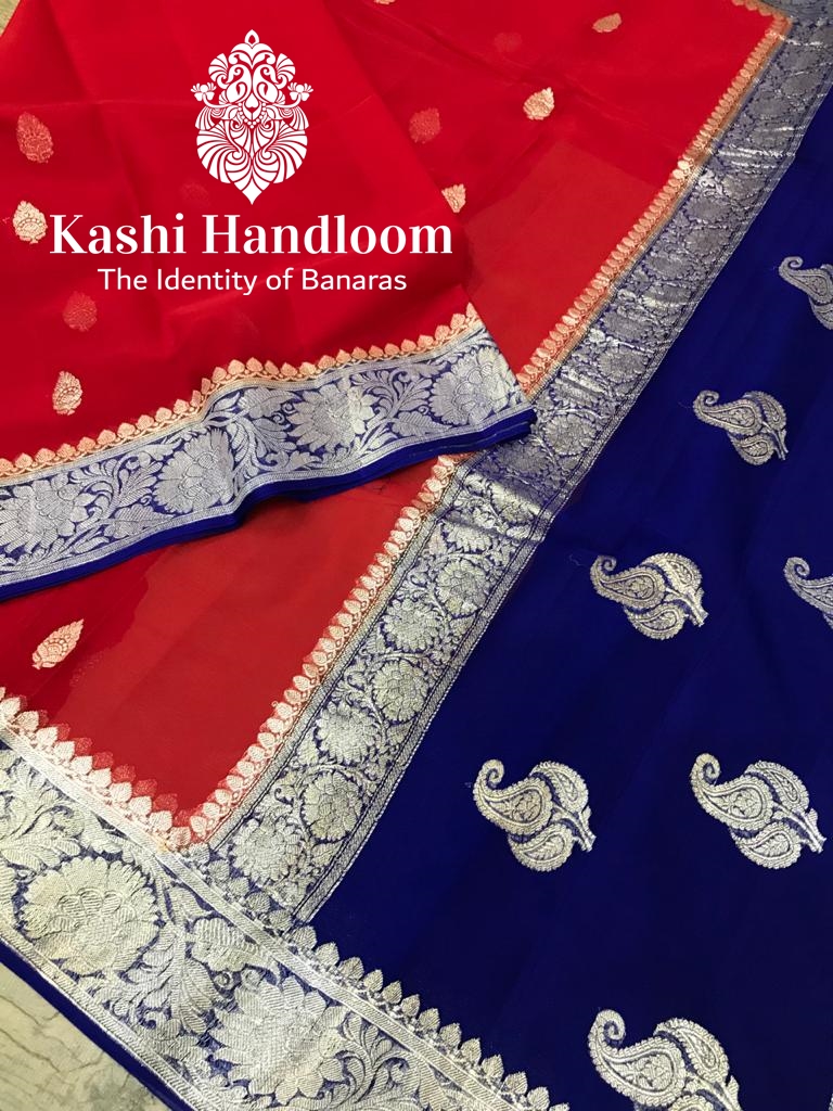 Banaras Handloom Khaddi Georgette Saree Silver Zari