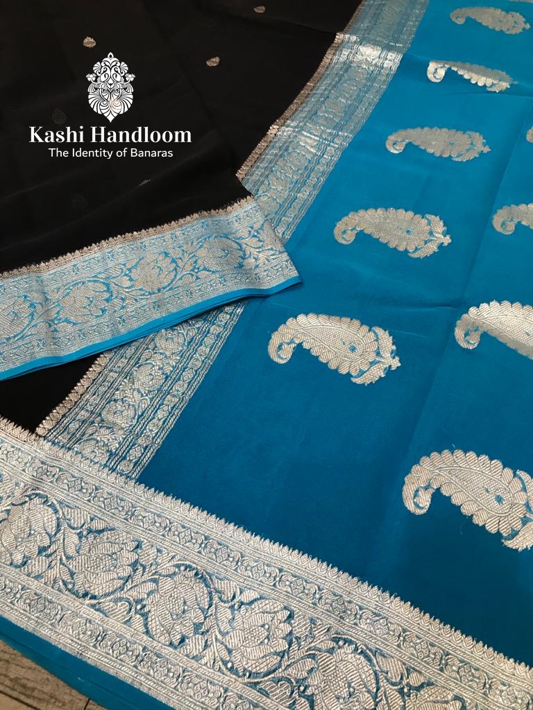 Banaras Handloom Khaddi Georgette Saree Silver Zari
