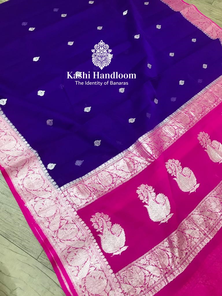 Banaras Handloom Khaddi Georgette Saree Silver Zari