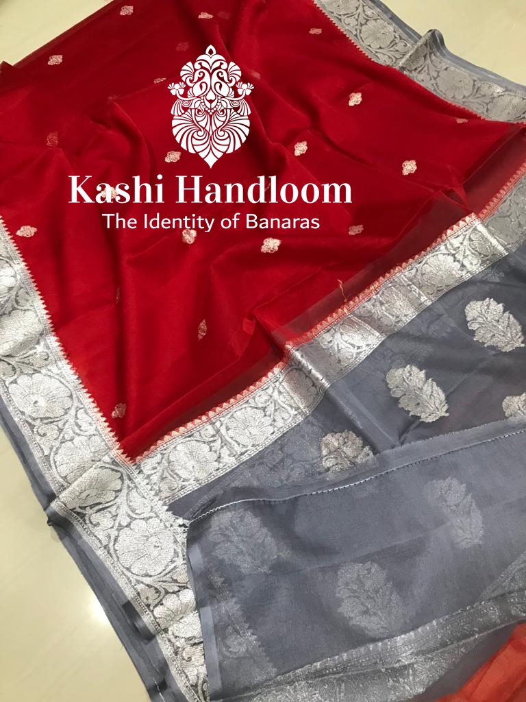Banaras Handloom Khaddi Georgette Saree Silver Zari