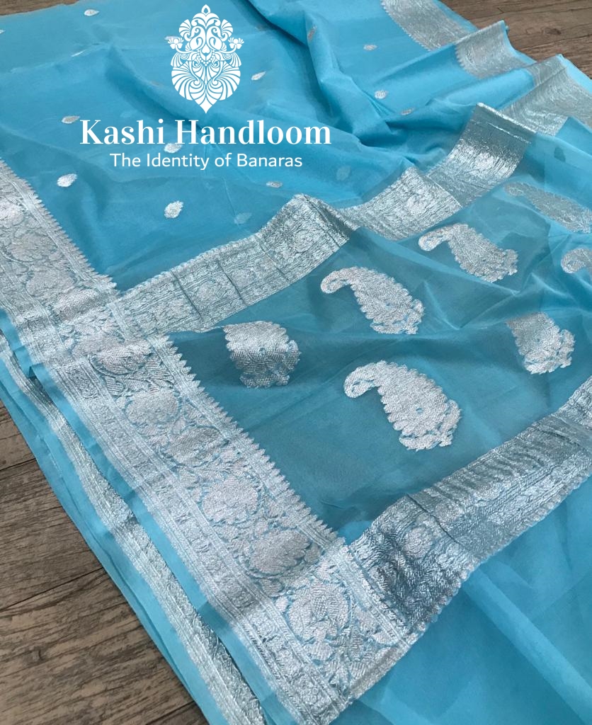 Banaras Handloom Khaddi Georgette Saree Silver Zari