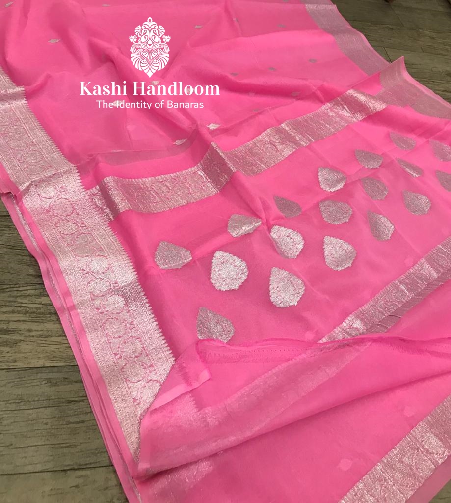 Banaras Handloom Khaddi Georgette Saree Silver Zari