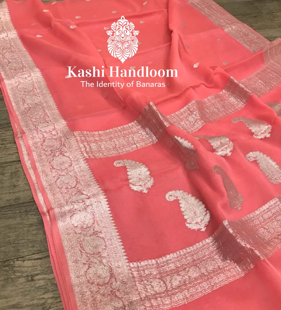 Banaras Handloom Khaddi Georgette Saree Silver Zari