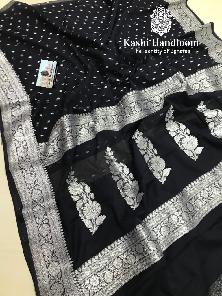 Banaras Handloom Khaddi Georgette Saree Silver Zari