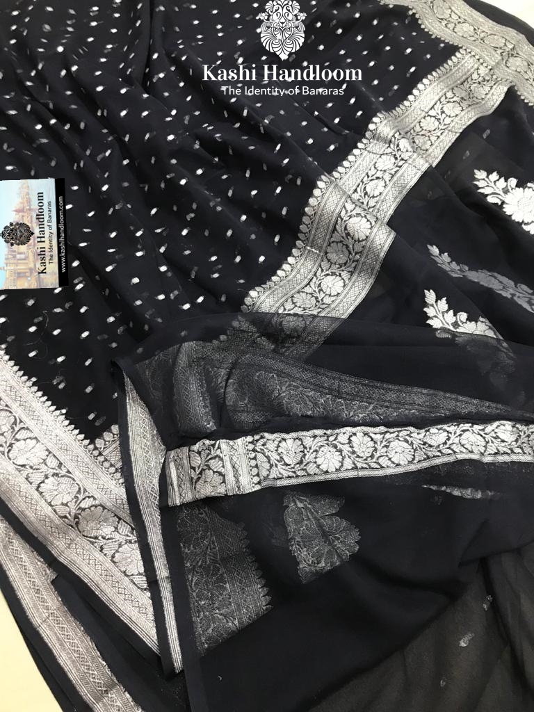 Banaras Handloom Khaddi Georgette Saree Silver Zari