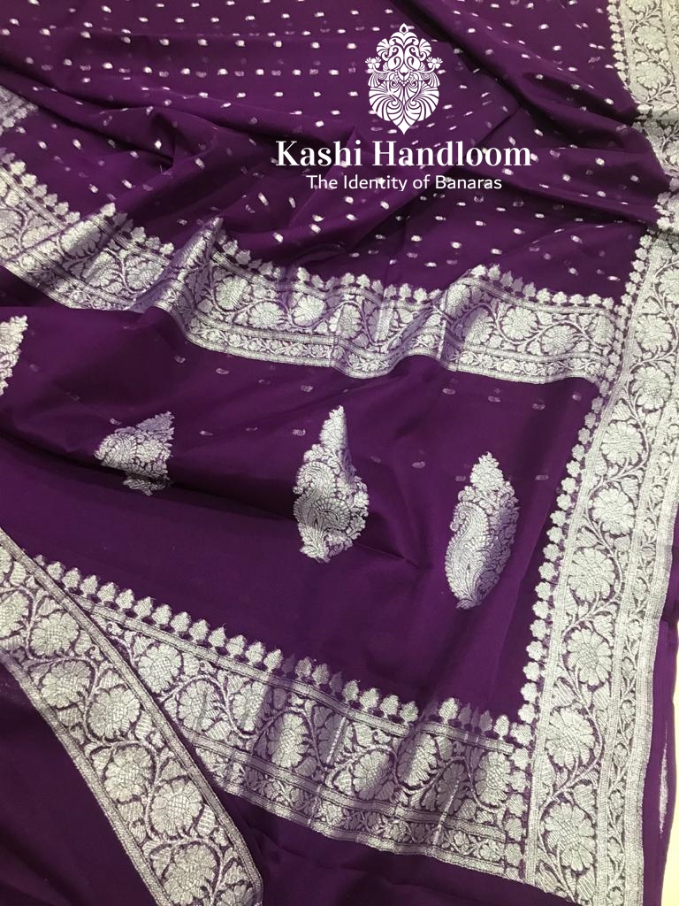 Banaras Handloom Khaddi Georgette Saree Silver Zari