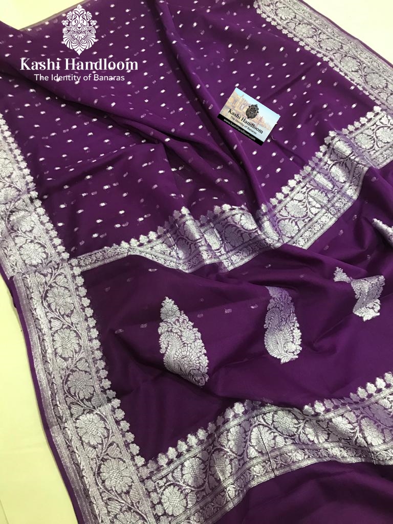 Banaras Handloom Khaddi Georgette Saree Silver Zari