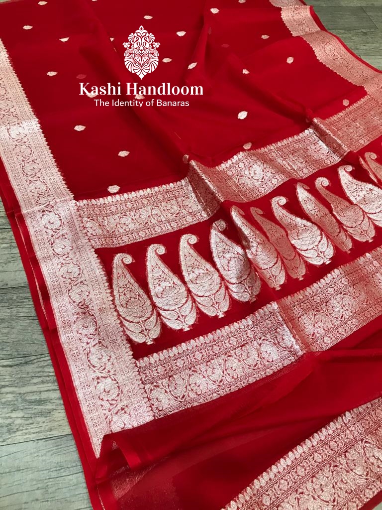 Banaras Handloom Khaddi Georgette Saree Silver Zari