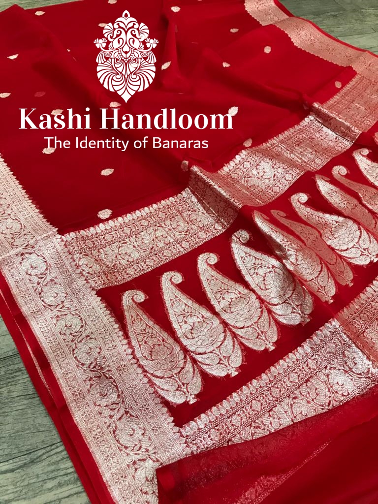 Banaras Handloom Khaddi Georgette Saree Silver Zari