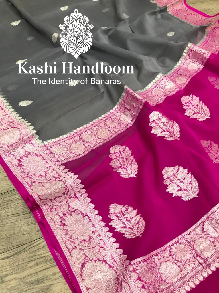 Banaras Handloom Khaddi Georgette Saree Silver Zari